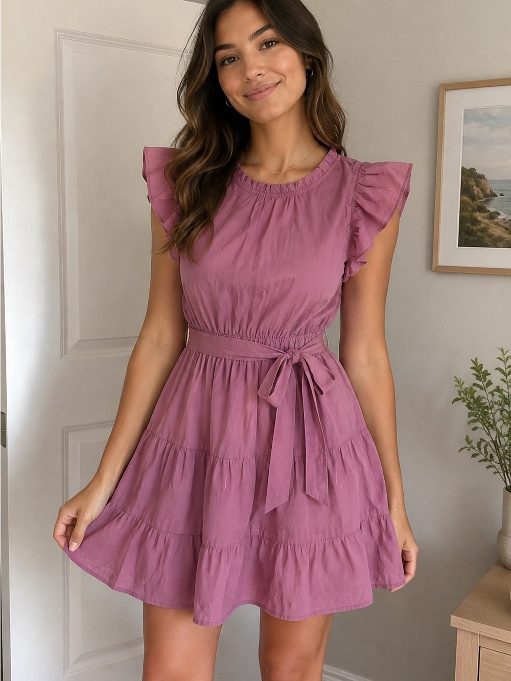 Umgee Mauve Ruffle Sleeve Tiered Mini Dress